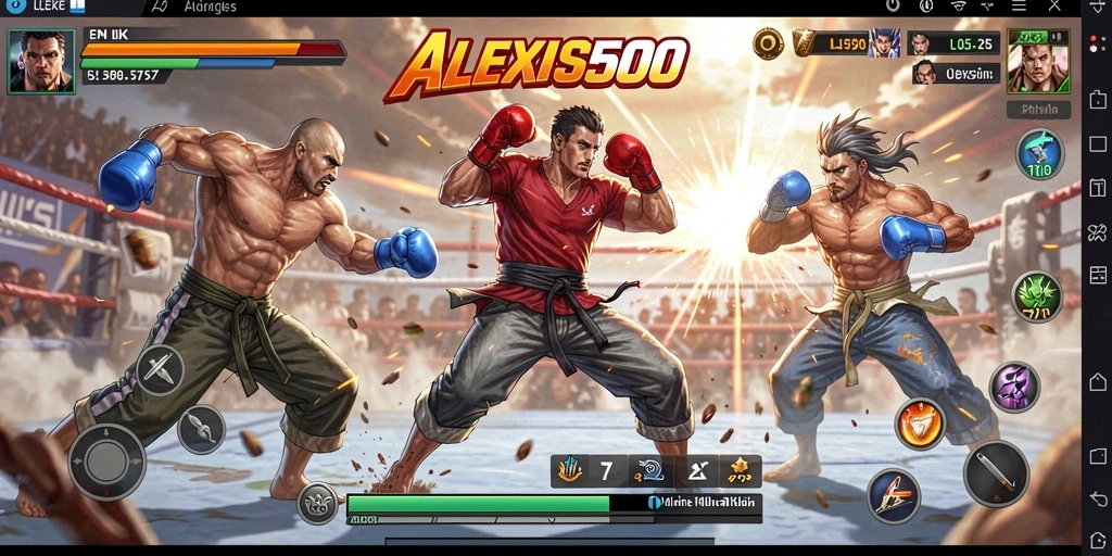 Screenshot ALEXIS500 menampilkan pertarungan intens antara dua karakter.